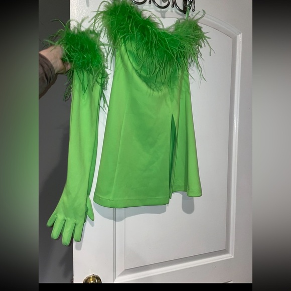 New! Miscreants Cupid Strapless Green Mini Dress with Feathers and Gloves 💚 sz 8 - Picture 4 of 11